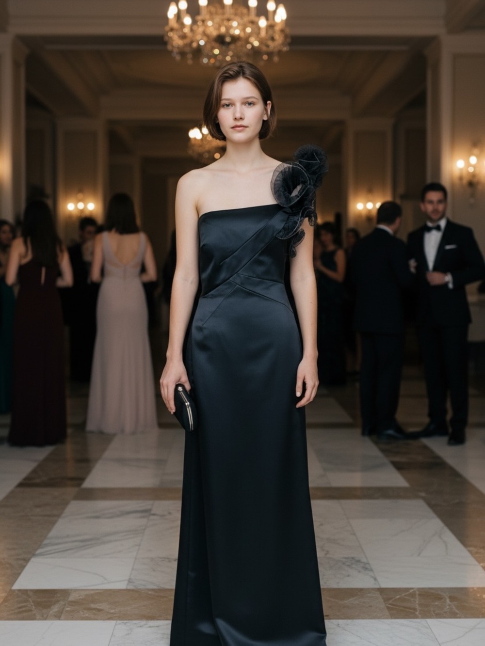 Antonio Melani One-Shoulder Black Satin Evening Gown with Floral Accent
